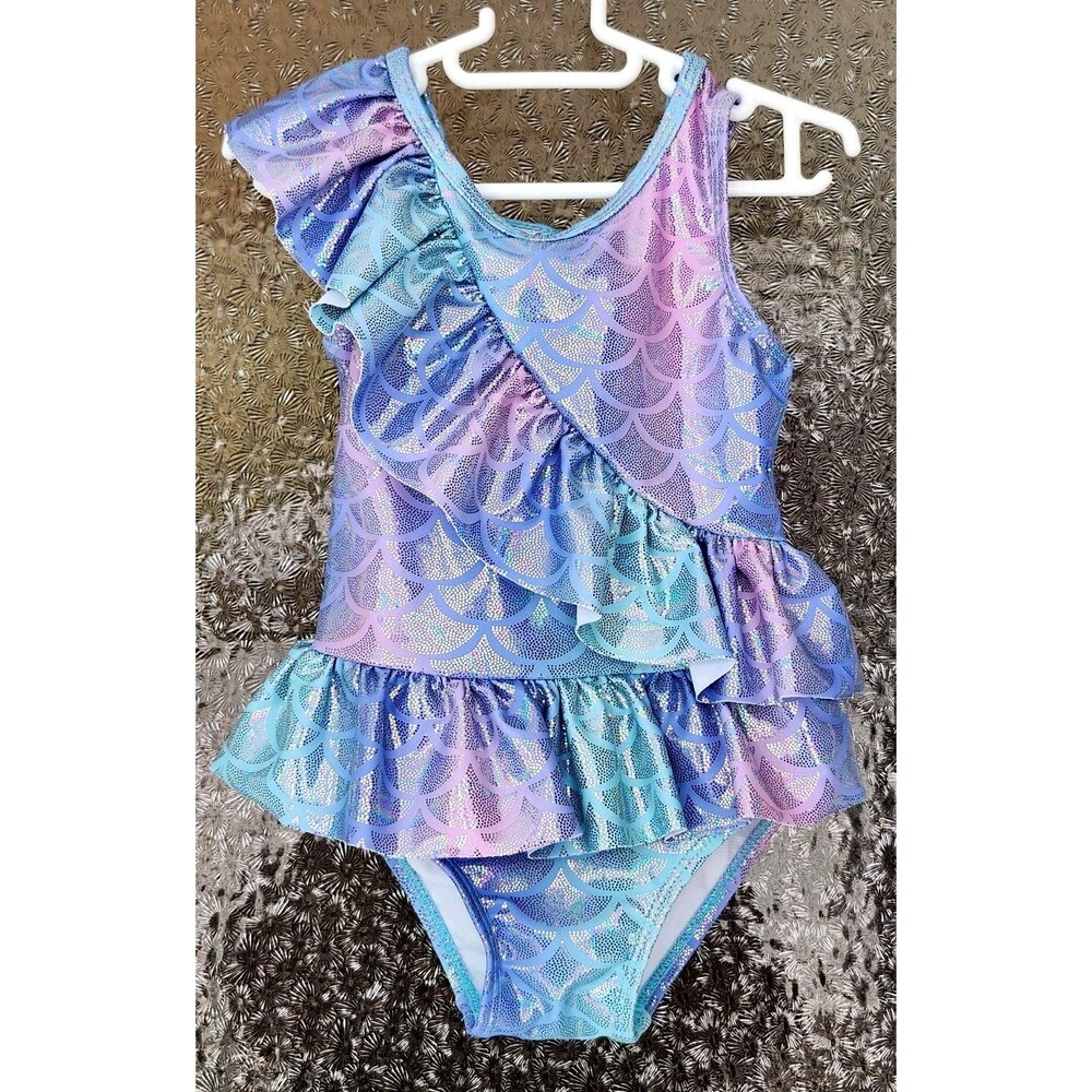 Sol Girls Swimsuit 2T• Mermaid Scale 1‑Piece Bathing Suit + Matching Sunhat• EUC